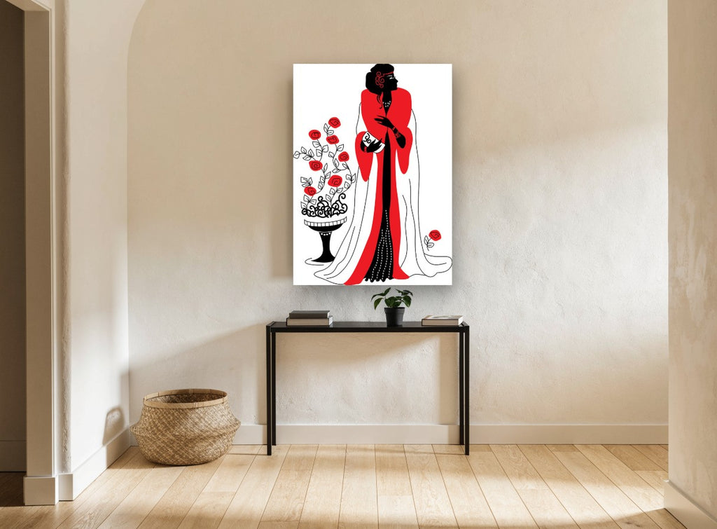 Lady in Scarlet Wrap vintage canvas print on the wall of a hallway