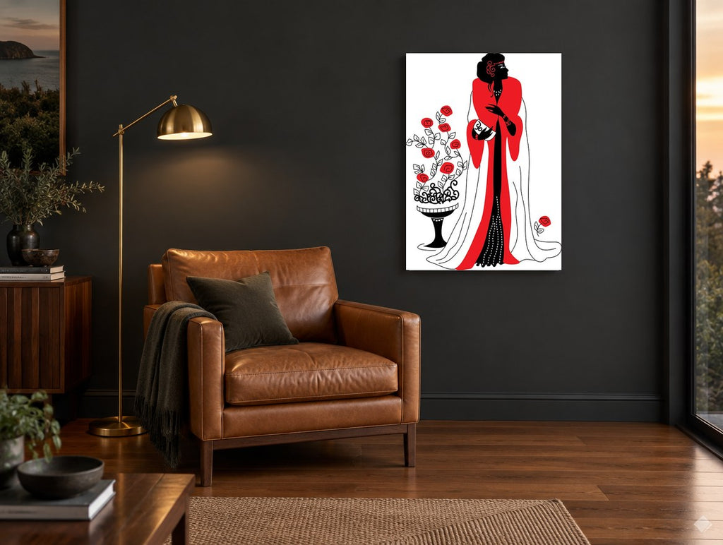 Lady in Scarlet Wrap vintage canvas print on the wall of a charcoal living room