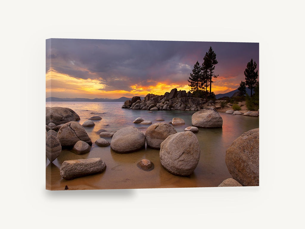 Boulder Cove Afterglow, sunset lake boulders shoreline photograph, landscape canvas wall art print ready to hang