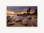Boulder Cove Afterglow, sunset lake boulders shoreline photograph, landscape canvas wall art print, front view