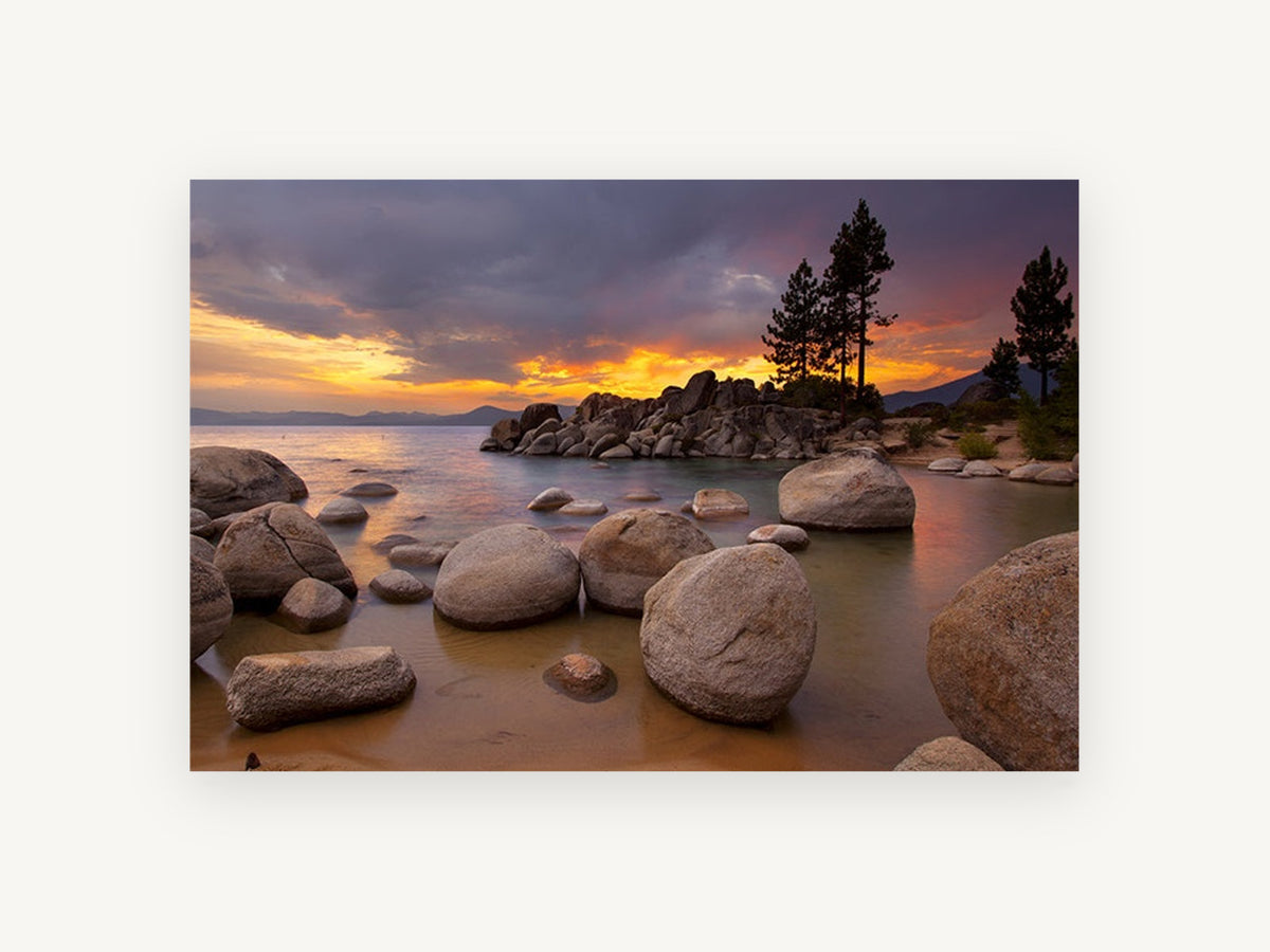 Boulder Cove Afterglow, sunset lake boulders shoreline photograph, landscape canvas wall art print, front view
