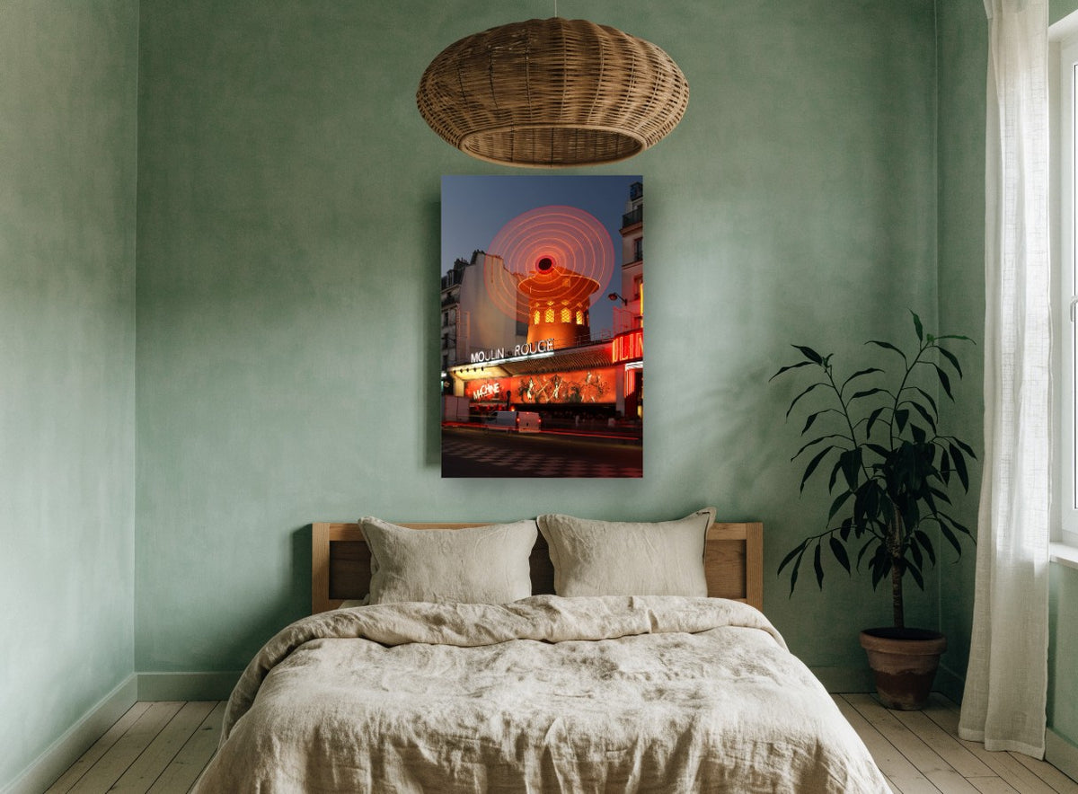 Red Windmill Dusk city canvas print on the wall of a bedroom
