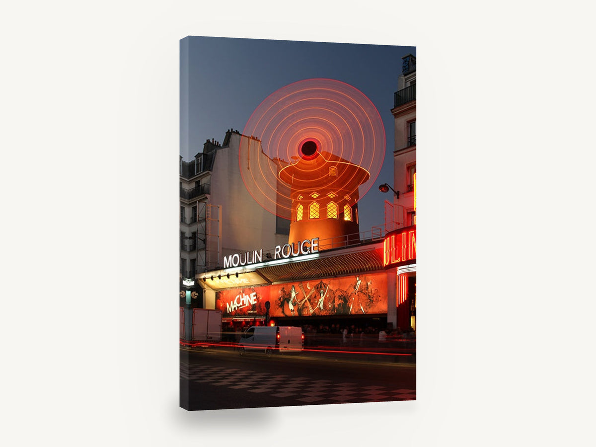 Red Windmill Dusk, moulin rouge paris night photograph, city canvas wall art print ready to hang