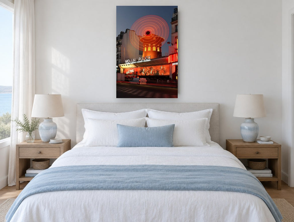 Red Windmill Dusk city canvas print on the wall of a bedroom