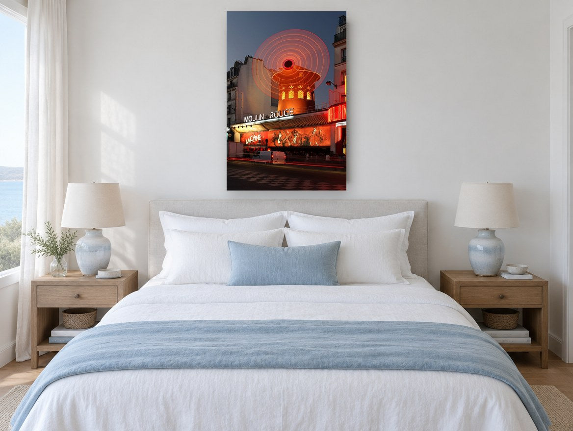 Red Windmill Dusk city canvas print on the wall of a bedroom