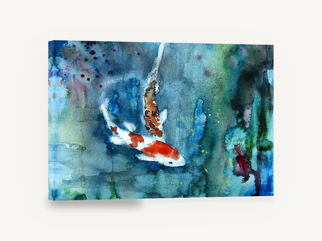 Koi in Blue Water, koi fish watercolour artwork, animal canvas wall art print ready to hang