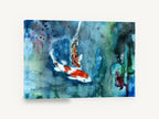 Koi in Blue Water, koi fish watercolour artwork, animal canvas wall art print ready to hang