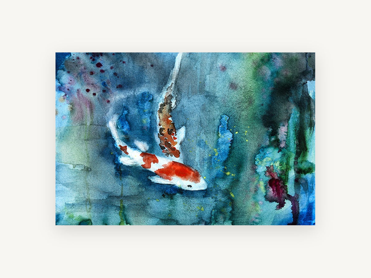Koi in Blue Water, koi fish watercolour artwork, animal canvas wall art print, front view