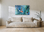 Koi in Blue Water animal canvas print on the wall of a living room