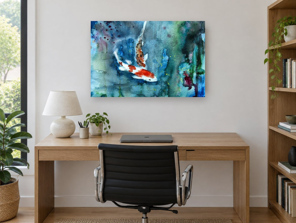 Koi in Blue Water animal canvas print on the wall of a study