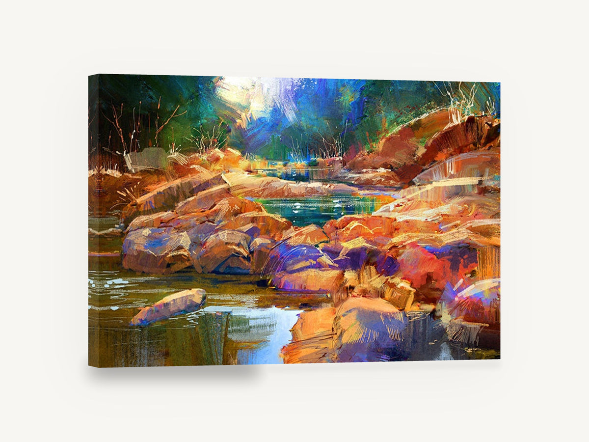 Amber Stones Creek, colourful rocky river autumn forest art, landscape canvas wall art print ready to hang