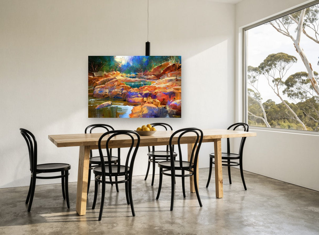 Amber Stones Creek landscape canvas print on the wall of a dining room