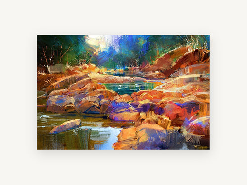 Amber Stones Creek, colourful rocky river autumn forest art, landscape canvas wall art print, front view