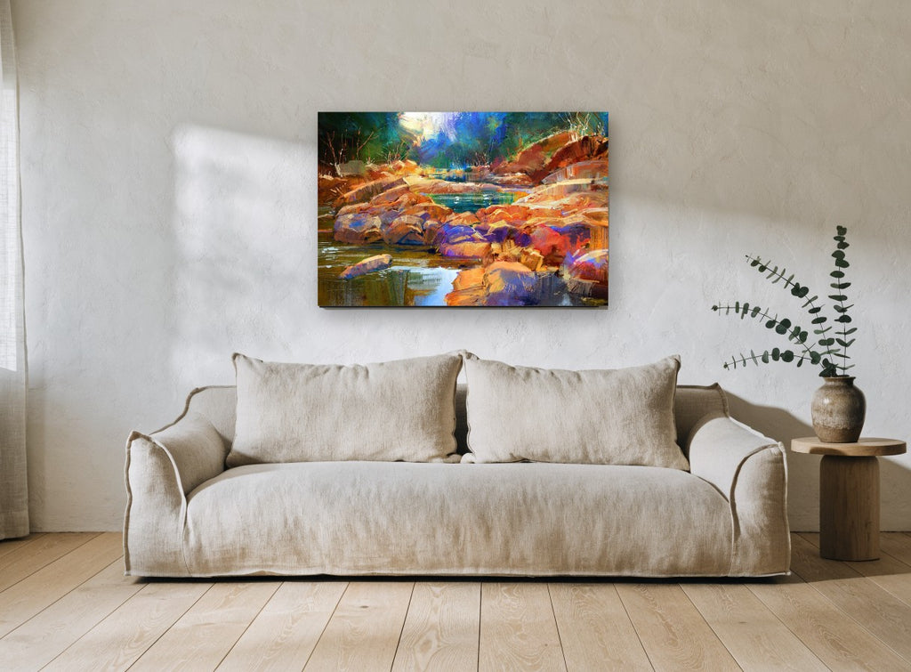 Amber Stones Creek landscape canvas print on the wall of a living room