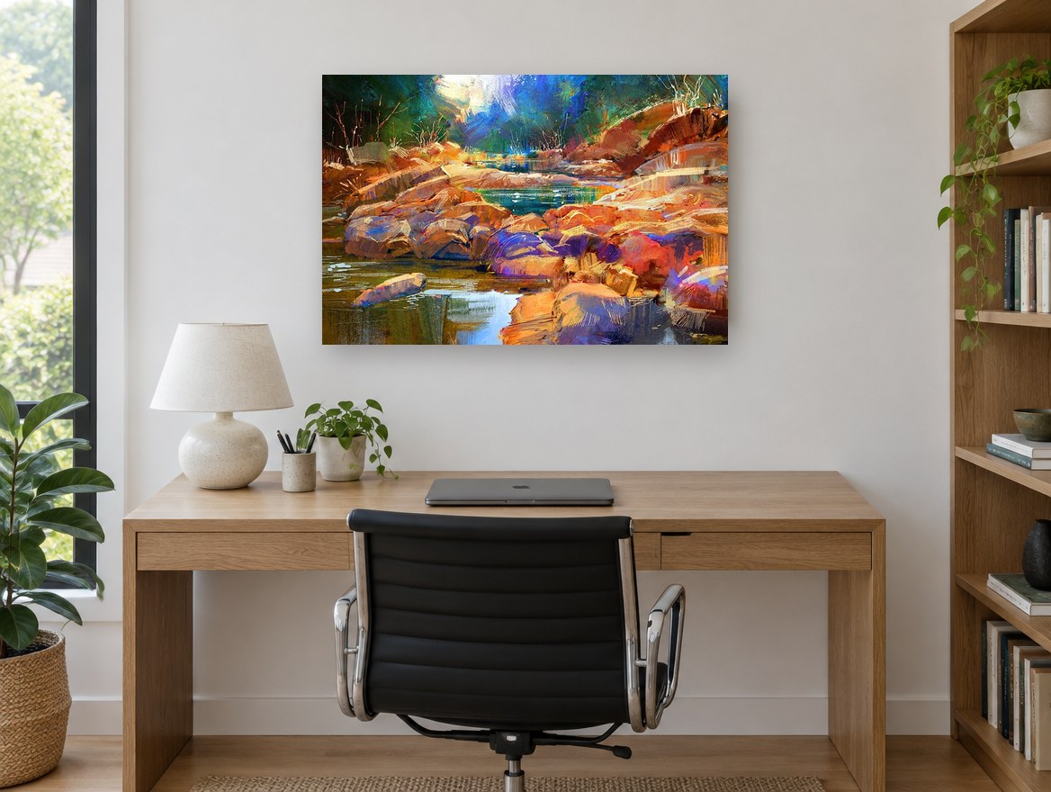 Amber Stones Creek landscape canvas print on the wall of a study