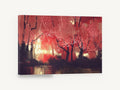 Crimson Lantern Grove, red autumn forest night illustration, landscape canvas wall art print ready to hang