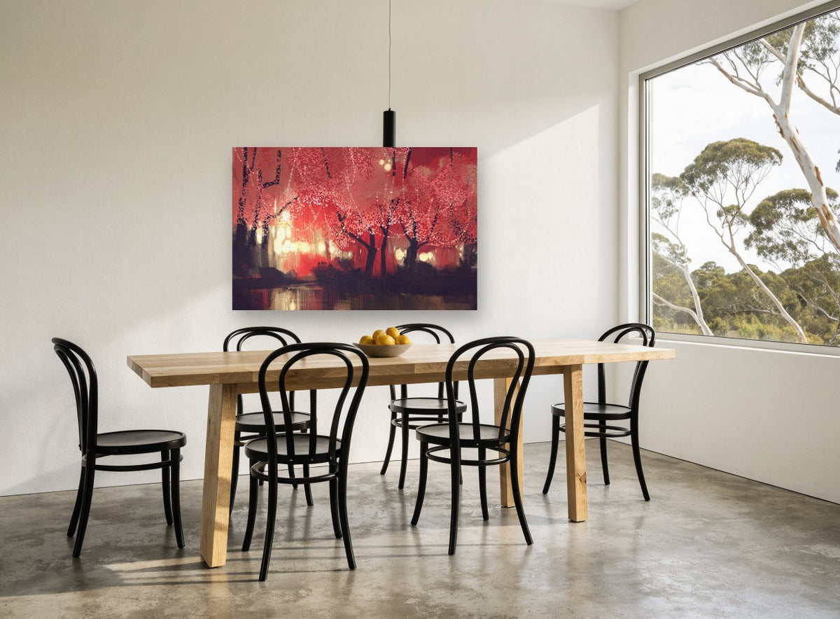 Crimson Lantern Grove landscape canvas print on the wall of a dining room