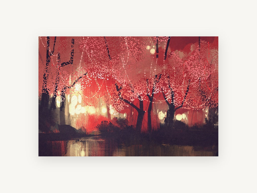 Crimson Lantern Grove, red autumn forest night illustration, landscape canvas wall art print, front view