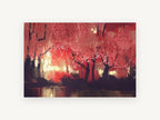 Crimson Lantern Grove, red autumn forest night illustration, landscape canvas wall art print, front view
