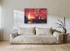 Crimson Lantern Grove landscape canvas print on the wall of a living room