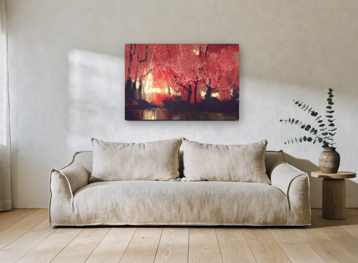 Crimson Lantern Grove landscape canvas print on the wall of a living room