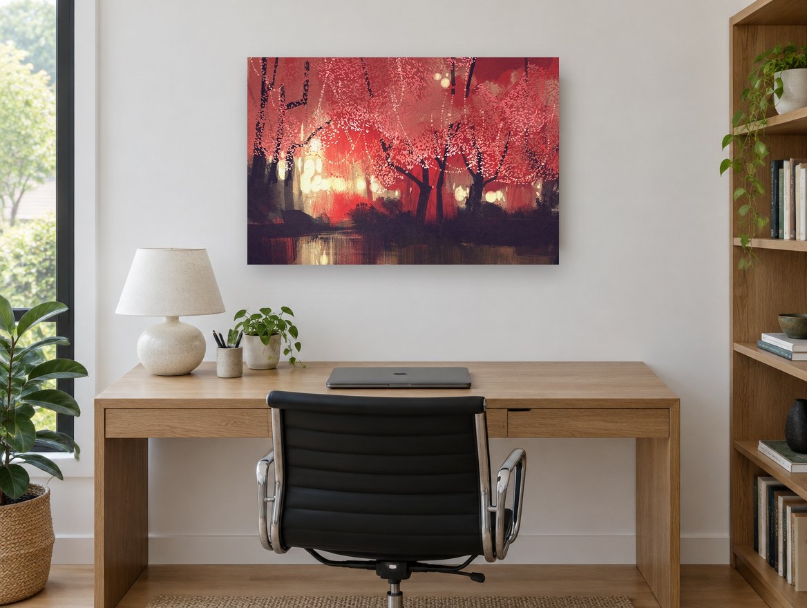 Crimson Lantern Grove landscape canvas print on the wall of a study