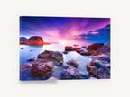 Violet Dusk Rocks, purple sunset rocky shore photograph, coastal canvas wall art print ready to hang