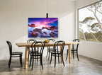 Violet Dusk Rocks coastal canvas print on the wall of a dining room