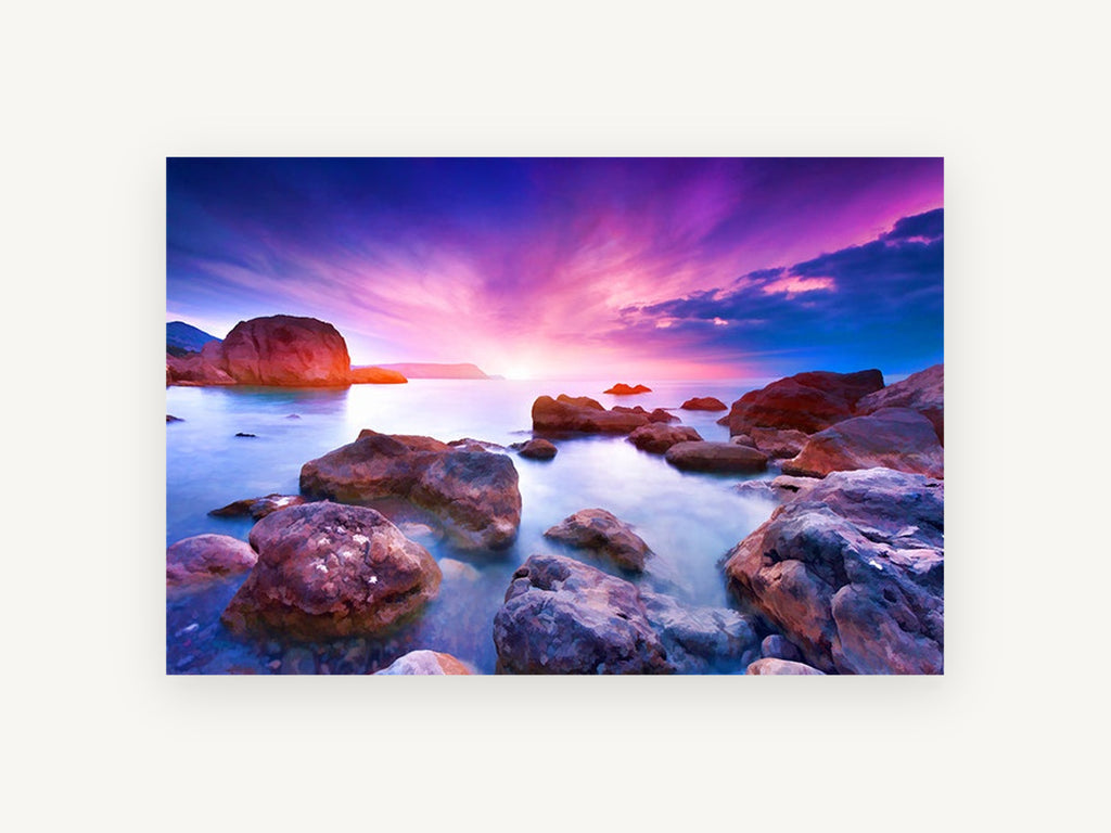 Violet Dusk Rocks, coastal canvas wall art print, front view
