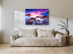 Violet Dusk Rocks coastal canvas print on the wall of a living room