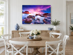 Violet Dusk Rocks coastal canvas print on the wall of a Hamptons dining room