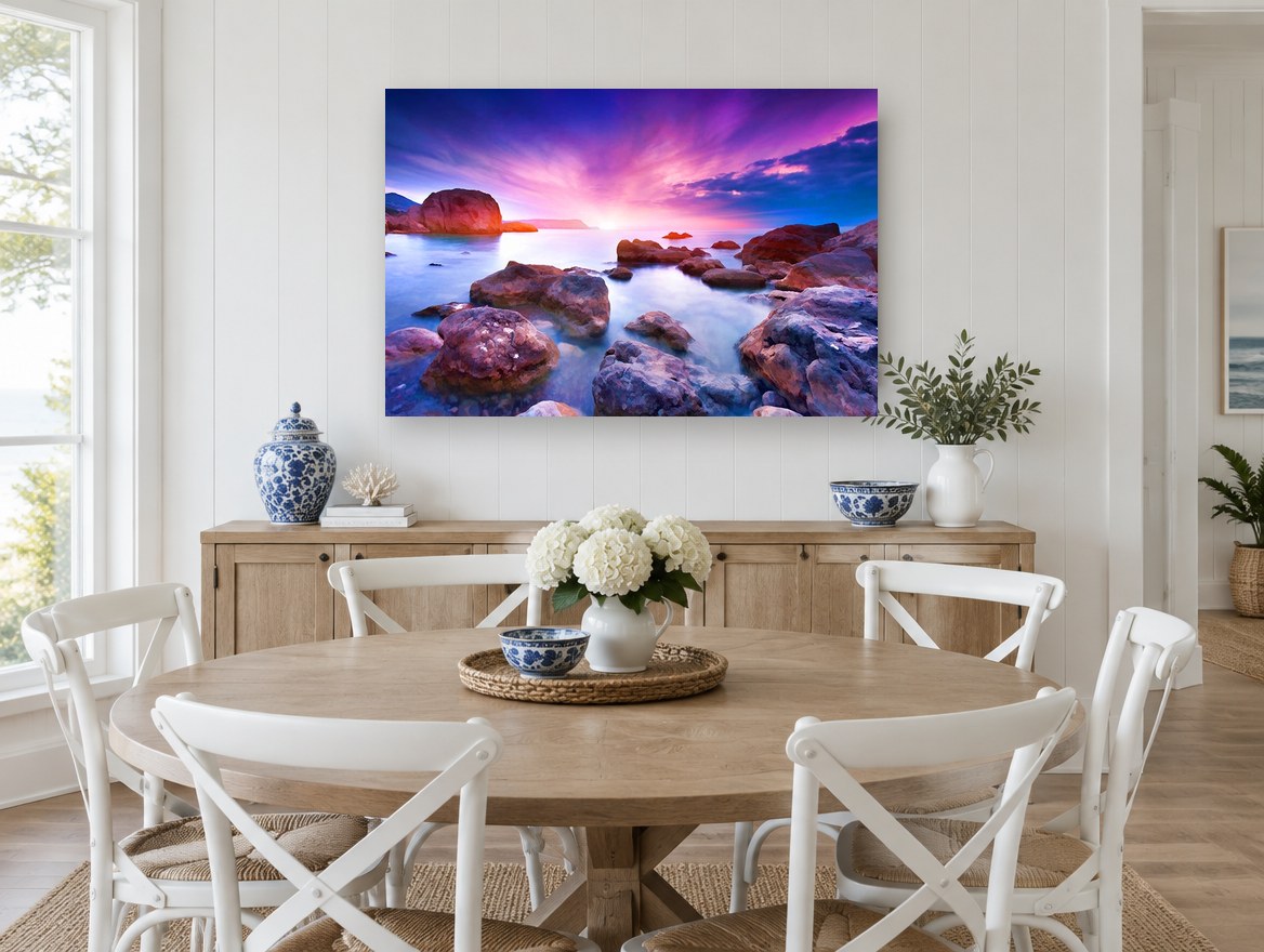 Violet Dusk Rocks coastal canvas print on the wall of a Hamptons dining room
