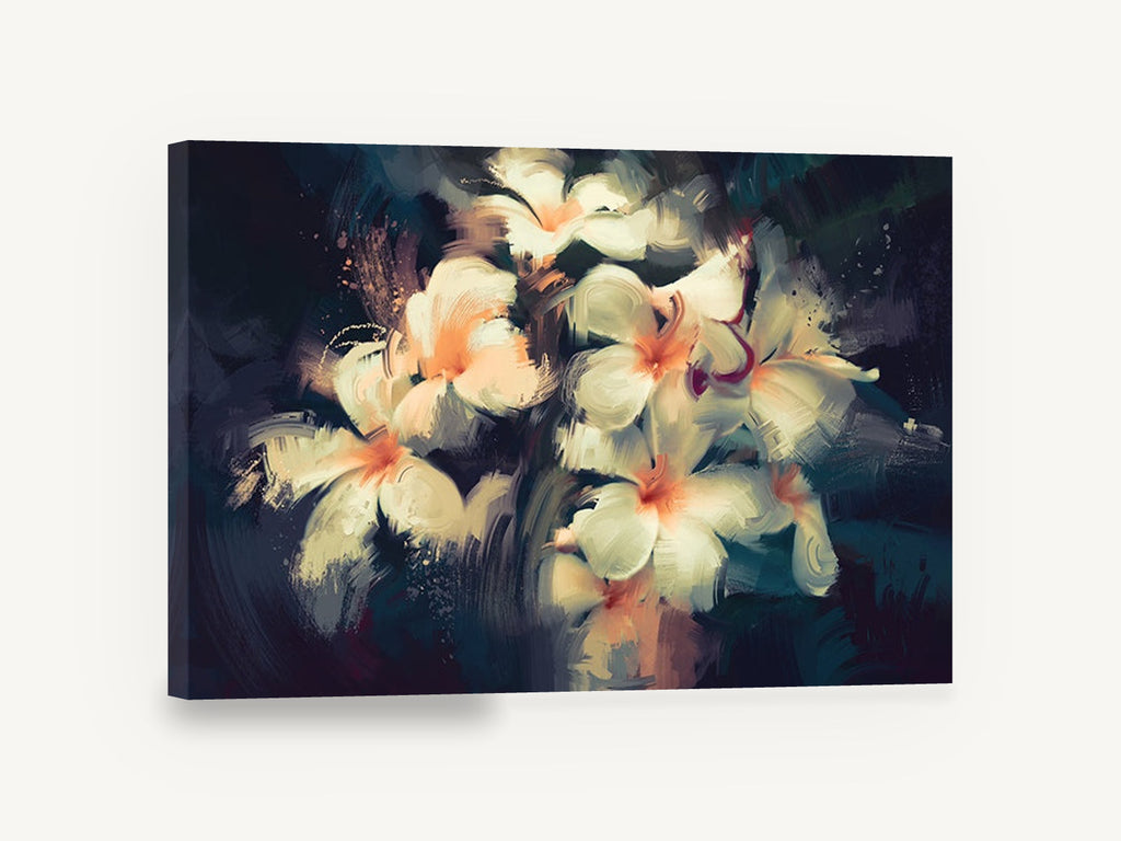 Frangipani Glow at Dusk, white frangipani flowers dark background painting, floral canvas wall art print ready to hang