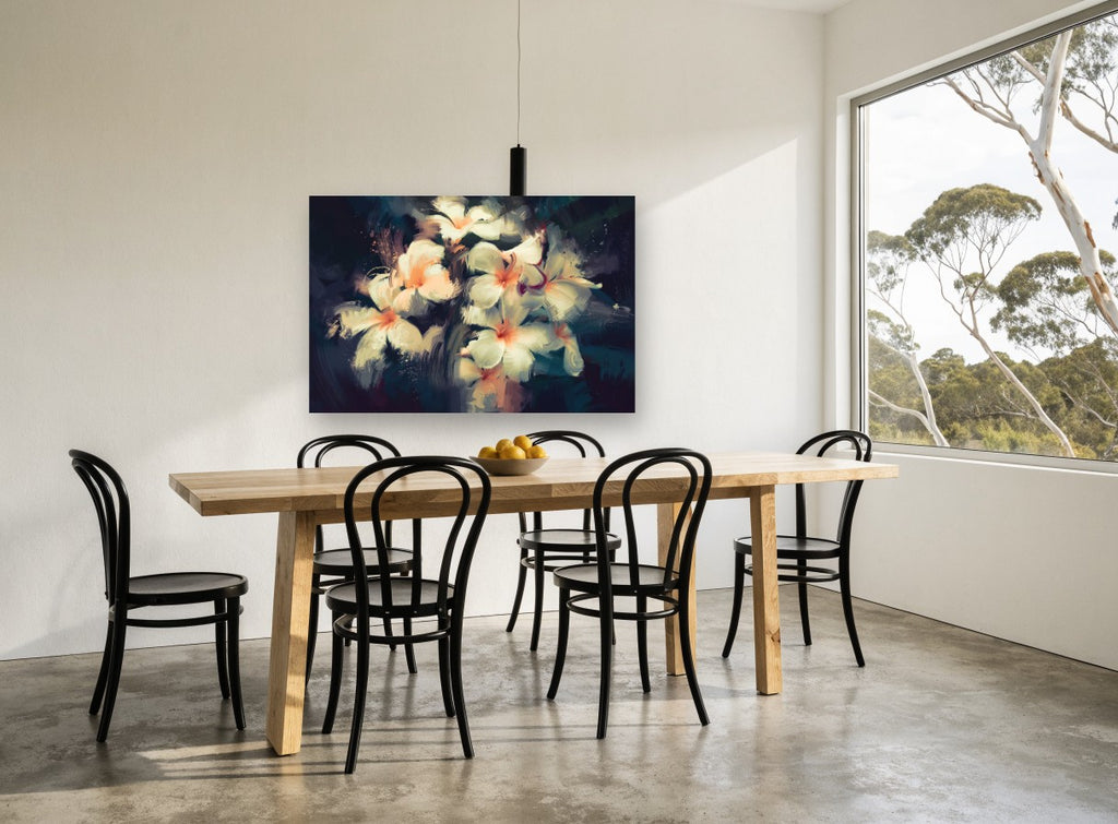 Frangipani Glow at Dusk floral canvas print on the wall of a dining room