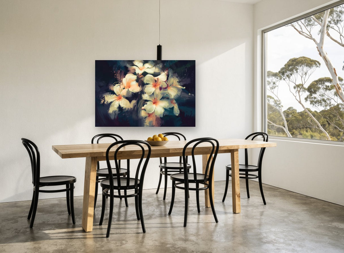 Frangipani Glow at Dusk floral canvas print on the wall of a dining room