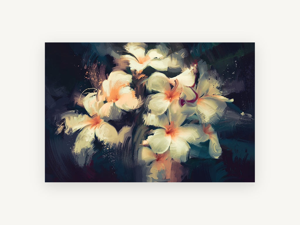 Frangipani Glow at Dusk, floral canvas wall art print, front view