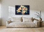 Frangipani Glow at Dusk floral canvas print on the wall of a living room