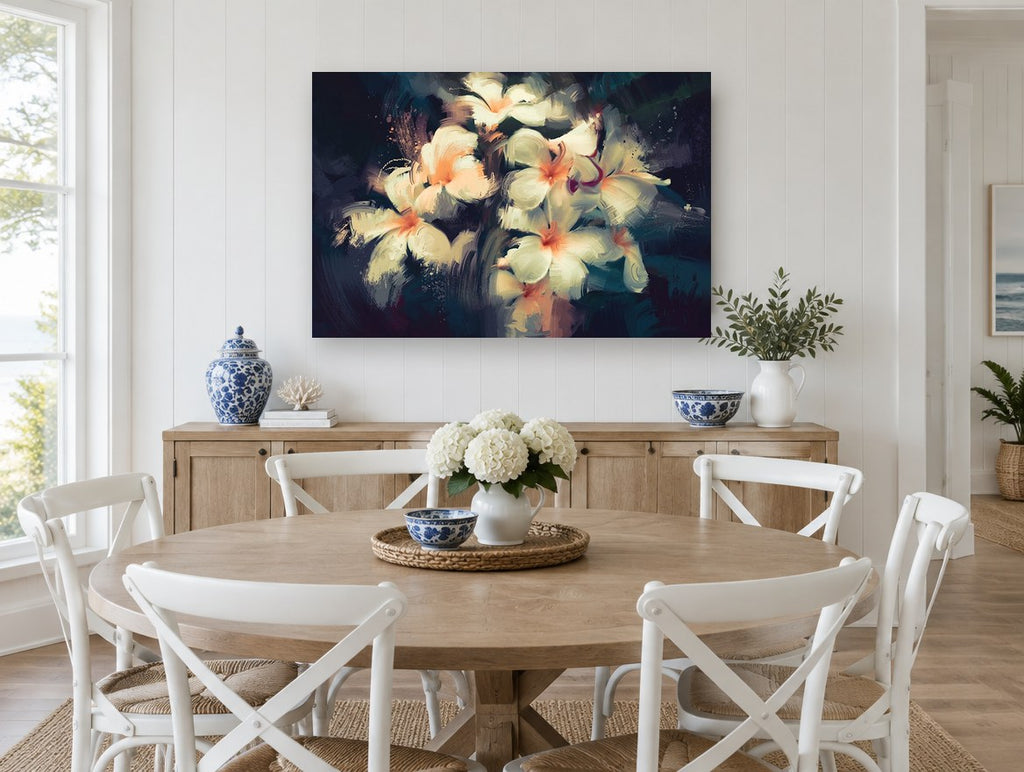 Frangipani Glow at Dusk floral canvas print on the wall of a Hamptons dining room