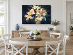 Frangipani Glow at Dusk floral canvas print on the wall of a Hamptons dining room