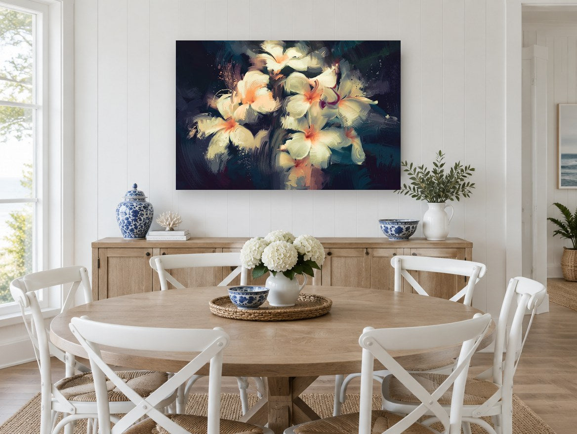 Frangipani Glow at Dusk floral canvas print on the wall of a Hamptons dining room