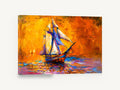 Amber Sails at Dusk, sailing ship sunset seascape artwork, coastal canvas wall art print ready to hang