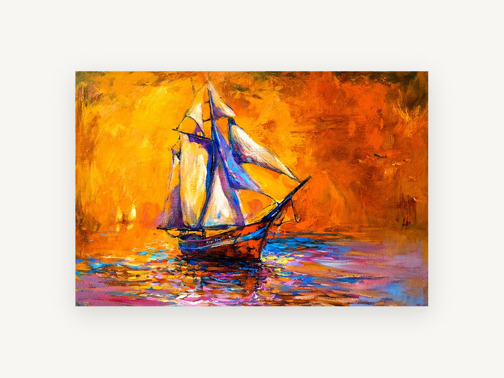 Amber Sails at Dusk, coastal canvas wall art print, front view