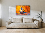 Amber Sails at Dusk coastal canvas print on the wall of a living room