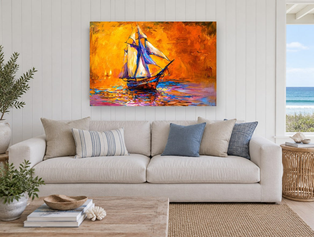 Amber Sails at Dusk coastal canvas print on the wall of a beach house living room