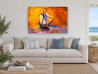 Amber Sails at Dusk coastal canvas print on the wall of a beach house living room