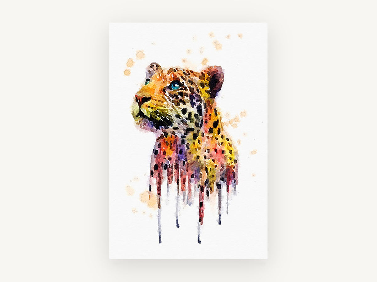 Dripping Leopard Gaze, leopard watercolour portrait, animal canvas wall art print, front view
