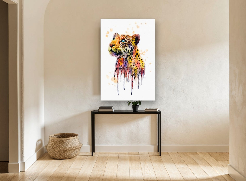 Dripping Leopard Gaze animal canvas print on the wall of a hallway