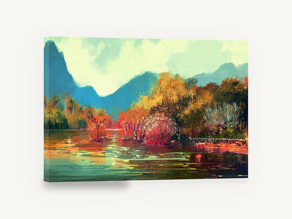 Autumn Lake Glow, autumn lake mountain landscape illustration, landscape canvas wall art print ready to hang