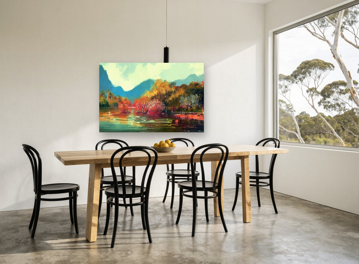 Autumn Lake Glow landscape canvas print on the wall of a dining room