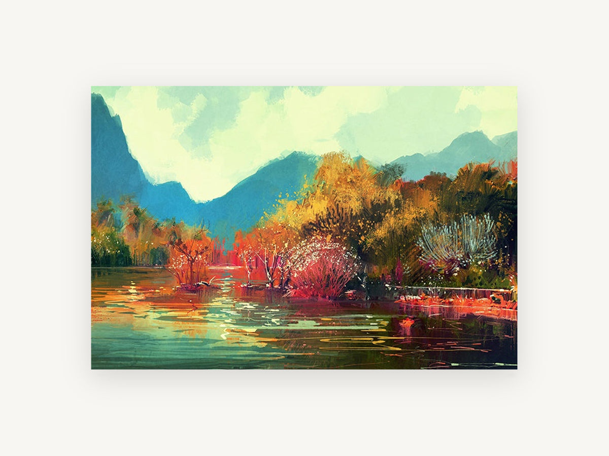 Autumn Lake Glow, autumn lake mountain landscape illustration, landscape canvas wall art print, front view